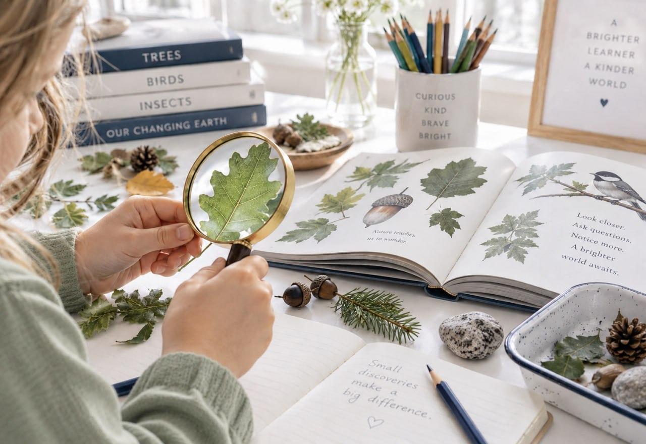 Young child examining a leaf with a magnifying glass at a study table